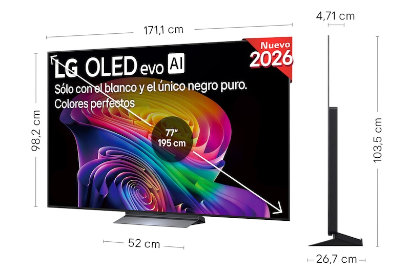 LG OLED evo AI C6 shown in front and side views highlights a 77-inch display with a 1711 mm-wide screen, an overall height of 982 mm, and an ultra-slim 47.1 mm depth without a stand.